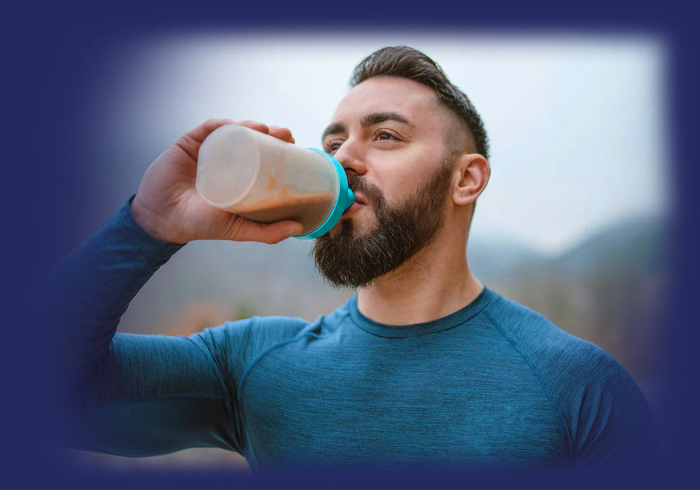 Athlete hydrating with a protein shake, reflecting Pro-Fit's commitment to fitness nutrition.