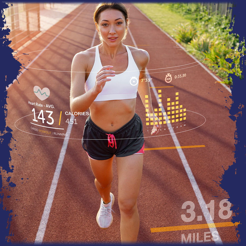 Ambassador running on track with performance stats, symbolizing surpassing limits with Pro-Fit.