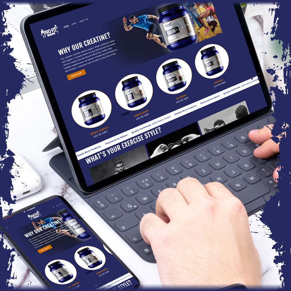 Hand on a tablet featuring Pro-Fit website, symbolizing tech rewards for top ambassadors.