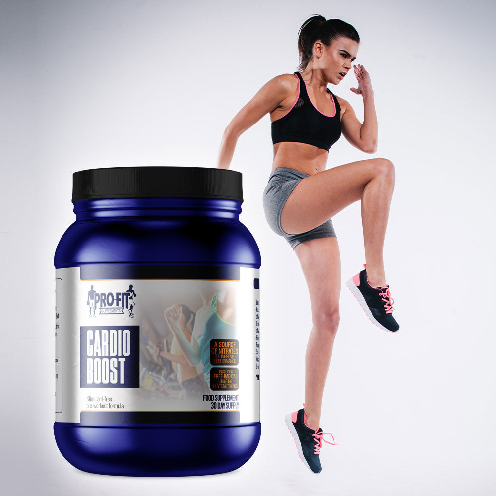 cardio boost (480g) powder next to woman exercising