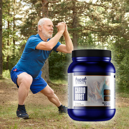 cardio boost (480g) powder next to older man exercising outdoors