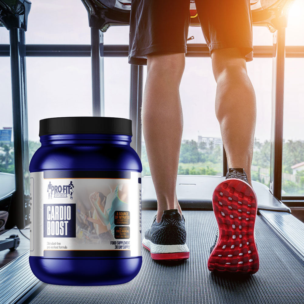 cardio boost (480g) powder next to a man on a treadmill