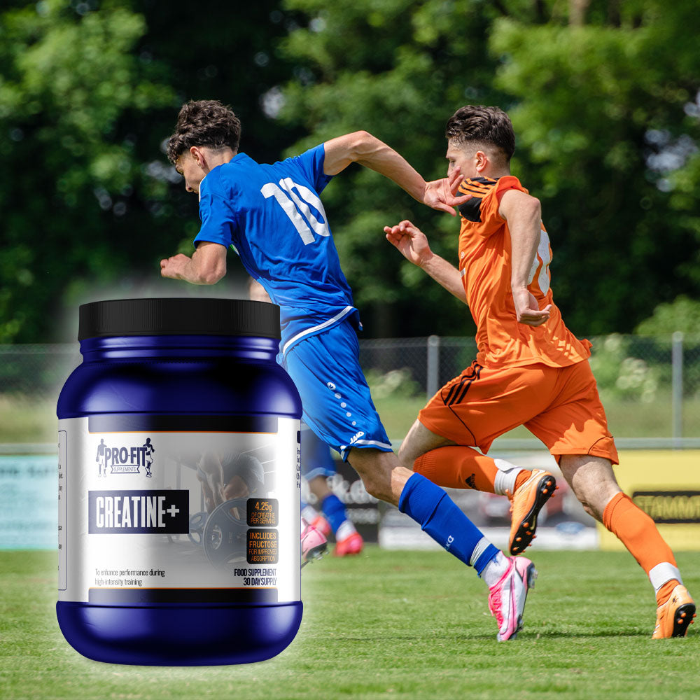 Creatine+ (500g) powder next to two men playing football