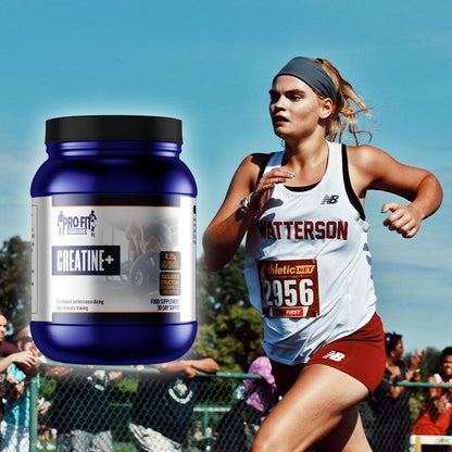 Creatine+ (500g) powder next to a woman in a running race