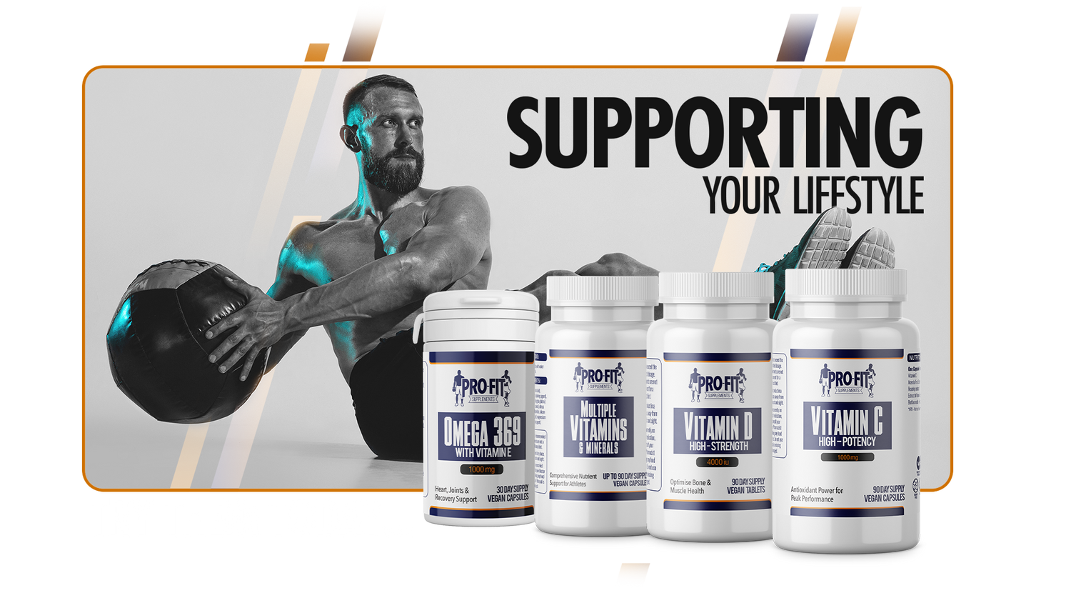 Group of daily supplements next to man using floor weights