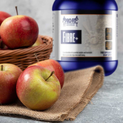 Fibre+ (500g) powder alongside a bowl of apples