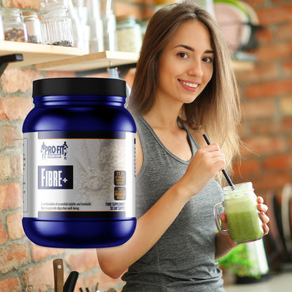 Fibre+ (500g) powder next to a woman eating a green smoothie