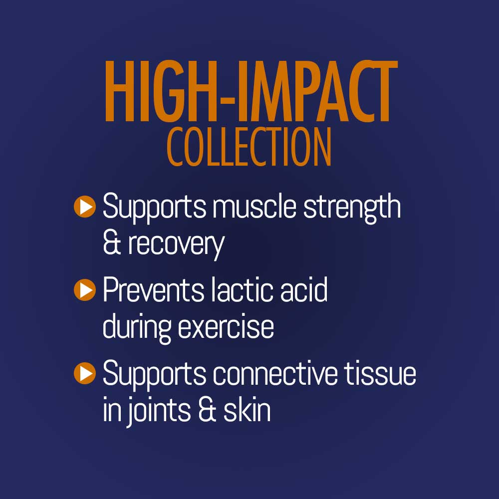 High-Impact Collection bullet points, muscle strength, prevents lactic acid, supports joints and skin