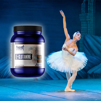 L-Glutamine (450g) Powder next to a ballerina dancing