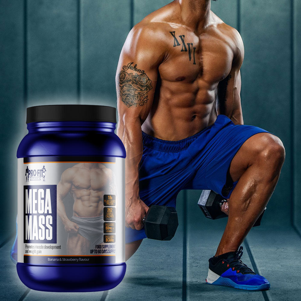 megamass (1800g) powder next to a muscle man, holding dumbbells