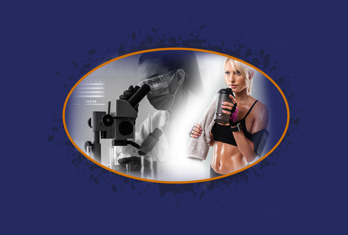 Woman drinking post workout protein shake next to scientist looking through a microscope