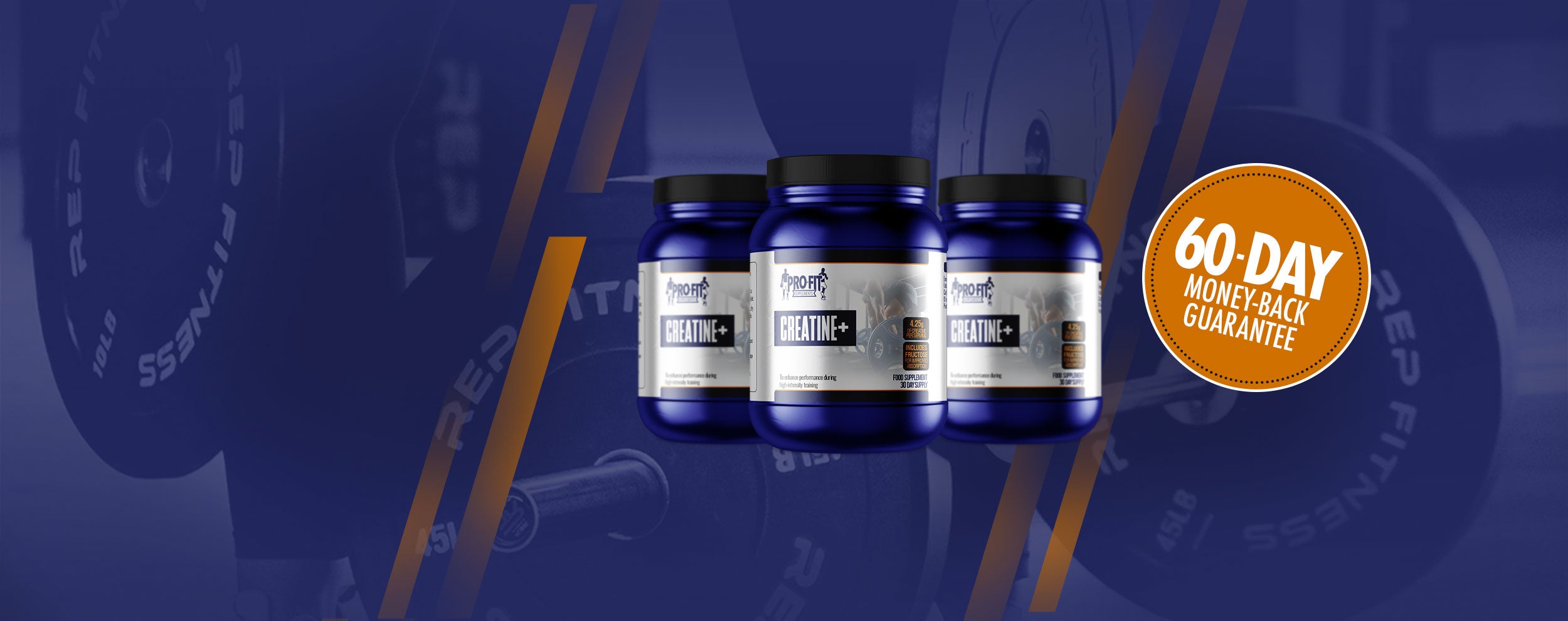 Tubs of creatine with weights in the background, 60 day money back guarantee sticker
