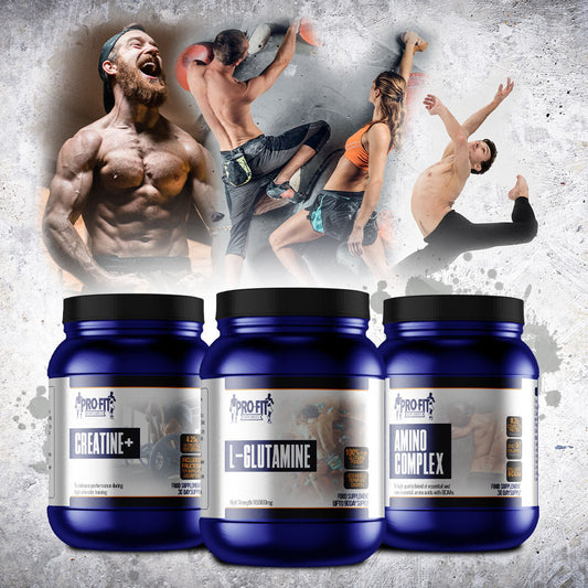 Strength Collection - picture of the 3 products, creatine, glutamine, amino complex