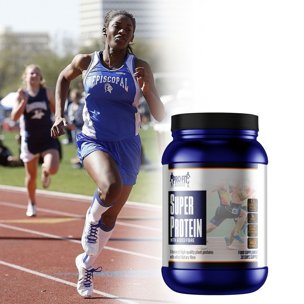 Super Protein with Added Fibre next to a woman running on a race track