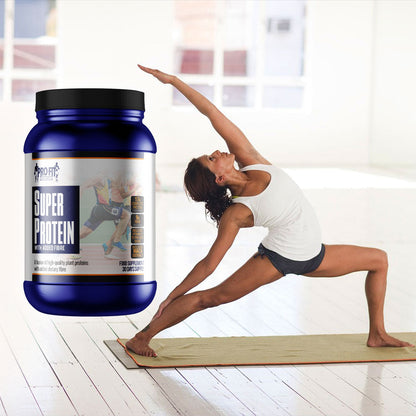 Super Protein with Added Fibre next to a woman in a studio doing yoga