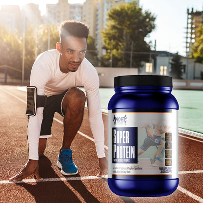 Super Protein with Added Fibre next to a man about to start a race on an athletics track