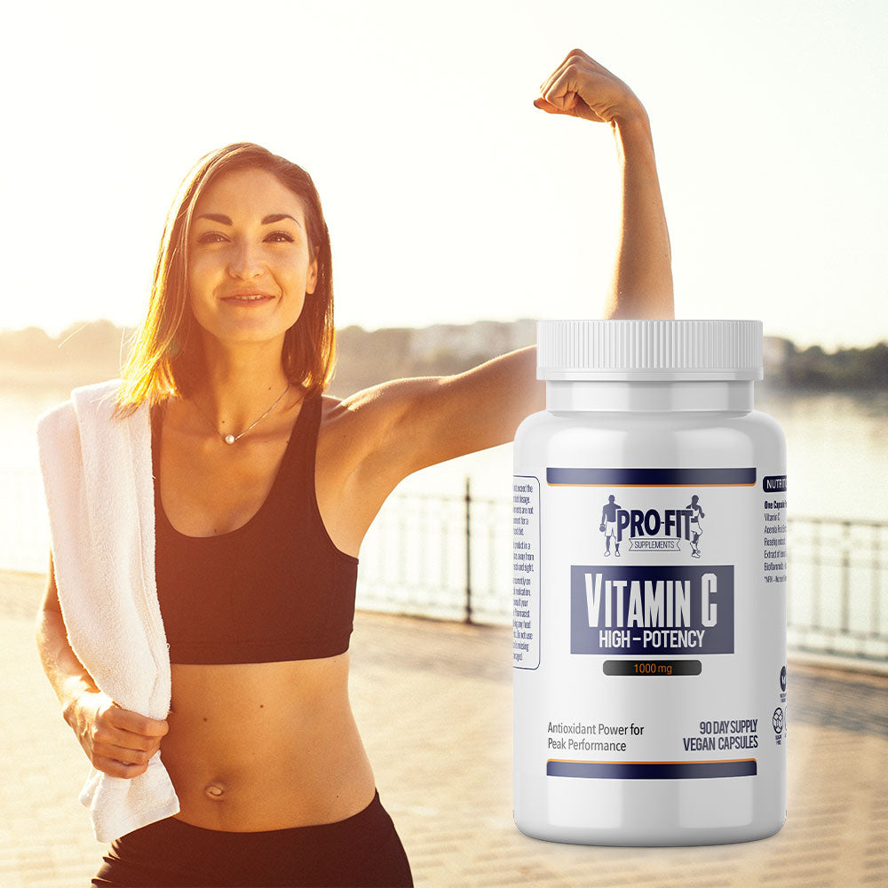 Vitamin c high strength next to woman outdoors flexing muscles