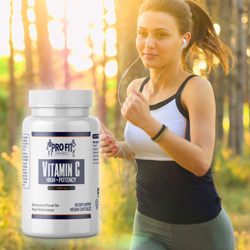vitamin c high strength next to a woman outdoors running